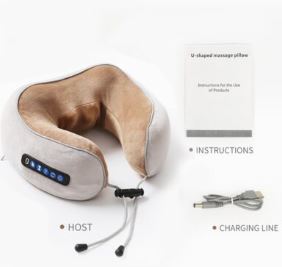 Product packaging of an electric massage pillow showing included USB cable and manual.
