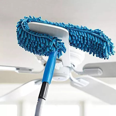 Main Image: Blue microfiber flexible ceiling fan duster with long extension pole for high-reach cleaning.
Action Image 1: Bendable microfiber duster cleaning both sides of a ceiling fan blade simultaneously.
Action Image 2: Flexible duster head being bent by hand to show 360-degree adjustability.
Action Image 3: Long handle microfiber brush reaching high shelves and cupboard tops easily.
