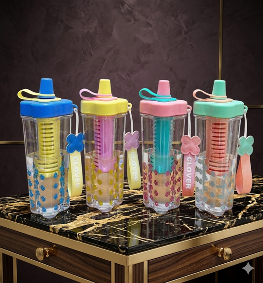 600ml Aesthetic Clover Water Bottle with Pink Fruit Infuser and Fabric Carry Strap