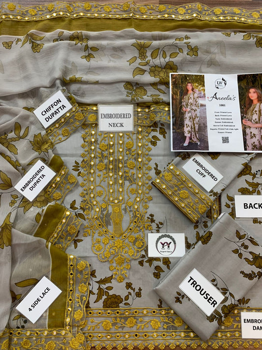 Premium Printed Lawn 3-Piece Unstitched Suit with Embroidered Neck & Chiffon Dupatta