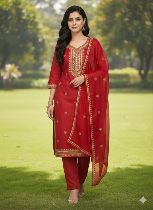 Red unstitched lawn cotton 3 piece suit with 9mm gold embroidery