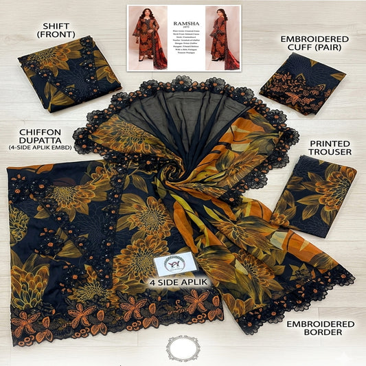 Luxury unstitched 3-piece lawn suit with orange floral print and black embroidery