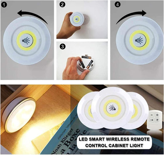 Set of 3 round white wireless COB LED lights with a remote control.