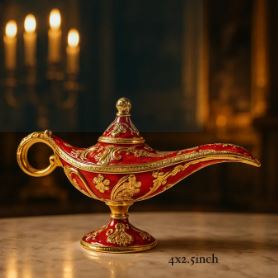 Close-up of the intricate gold scrollwork on the red body of an antique-style genie lamp.