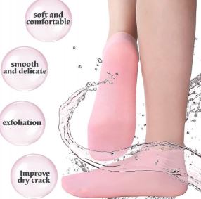 Pair of medical-grade silicone gel socks for foot hydration and professional cracked heel treatment at home.