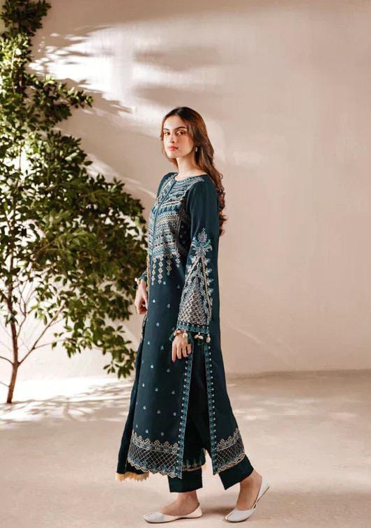 Designer festive wear embroidered shirt in deep teal green for women.