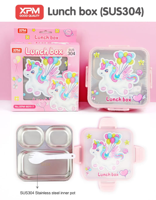 Premium Unicorn kids lunch box with SUS304 stainless steel interior and retail packaging.
