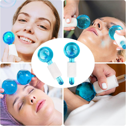 Pair of pink and blue crystal facial ice globes for cooling massage.