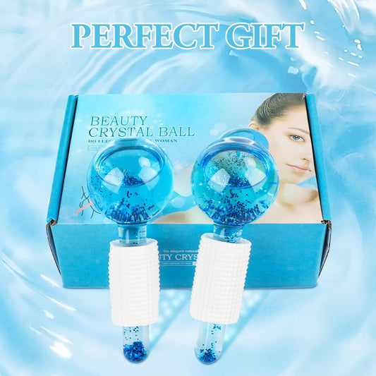 Pair of pink and blue crystal facial ice globes for cooling massage.