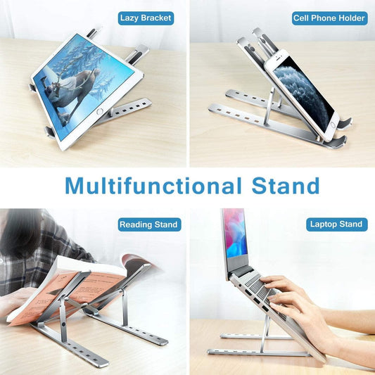 Silver Aluminum Laptop Stand with 6-Level Adjustable Height and Non-Slip Silicone Pads