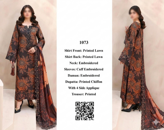 Premium chiffon dupatta with 4-side applique embroidery and embroidered neck patch.