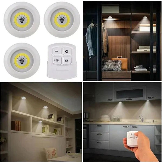 Set of 3 round white wireless COB LED lights with a remote control