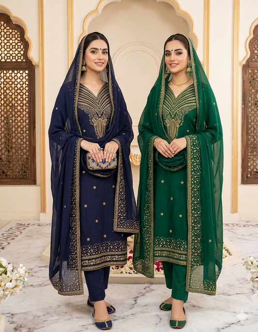 Navy blue luxury unstitched 3-piece lawn cotton suit with gold sequence embroidery.