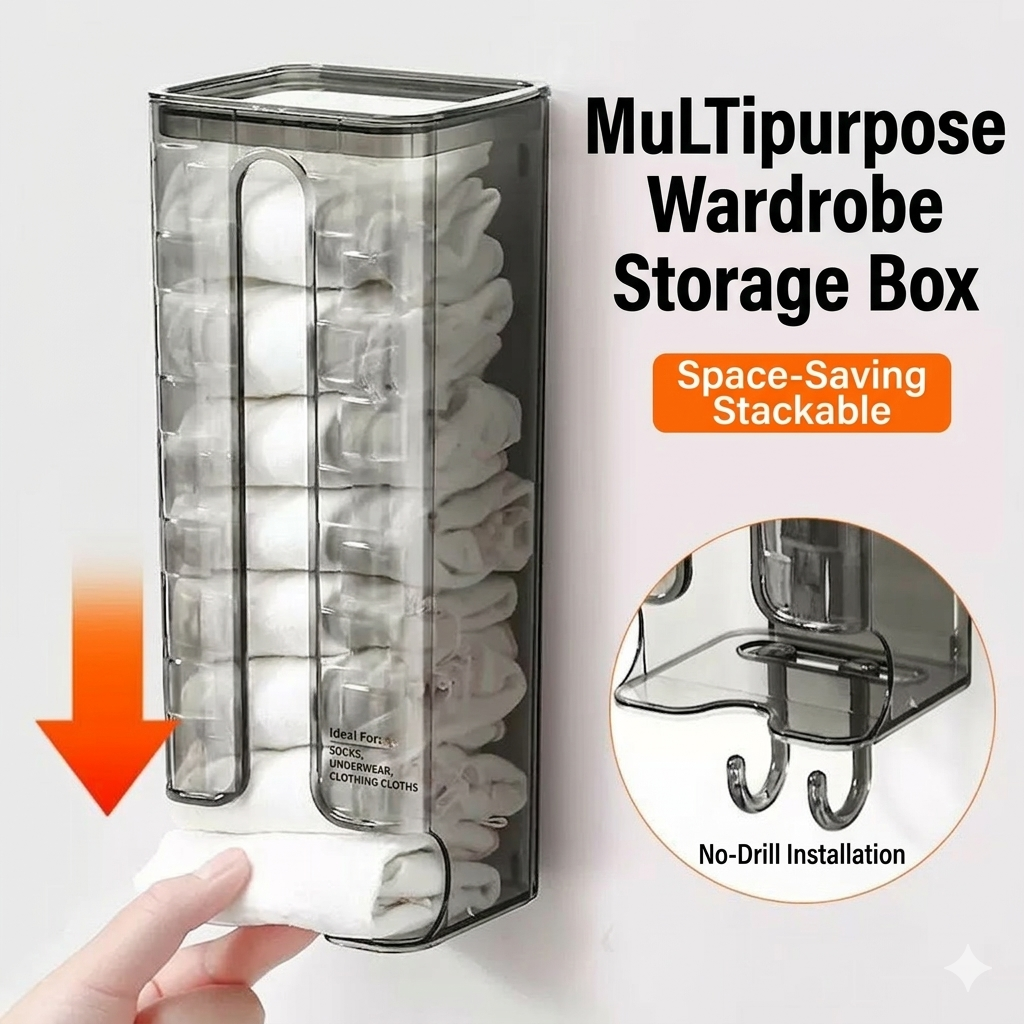 Multifunctional wardrobe storage box with clear design, space-saving features, and no-drill installation.