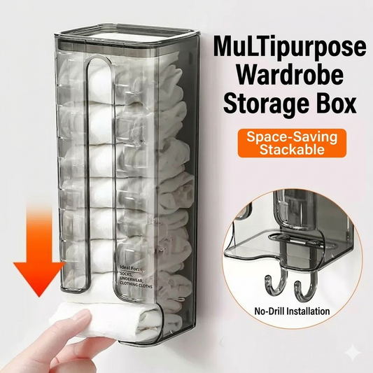 Multifunctional wardrobe storage box with clear design, space-saving features, and no-drill installation.