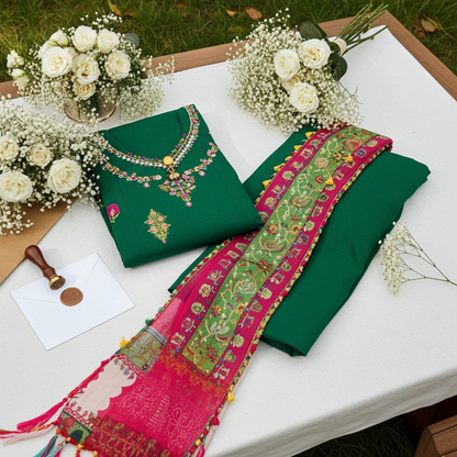 Elevate your festive wardrobe with this stunning Sadaf Fawad Luxury Lawn 3-piece unstitched suit. Combining traditional craftsmanship with a vibrant modern palette, this ensemble is designed to keep you cool and stylish throughout the Eid festivities.
Ke