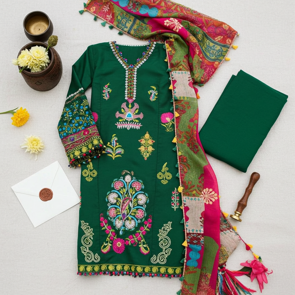 Elevate your festive wardrobe with this stunning Sadaf Fawad Luxury Lawn 3-piece unstitched suit. Combining traditional craftsmanship with a vibrant modern palette, this ensemble is designed to keep you cool and stylish throughout the Eid festivities.
Ke