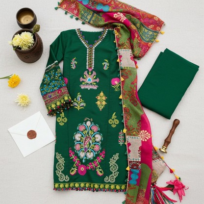 Elevate your festive wardrobe with this stunning Sadaf Fawad Luxury Lawn 3-piece unstitched suit. Combining traditional craftsmanship with a vibrant modern palette, this ensemble is designed to keep you cool and stylish throughout the Eid festivities.
Ke