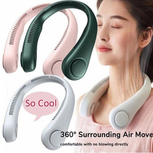 Person Wearing a Portable Neck Fan while Exercising Indoors for Hands-Free Cooling