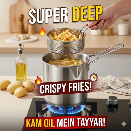 Premium Deep Fryer Pot with Stainless Steel Strainer Basket and Lid - Silver Color