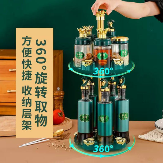 Royal 10-Piece Rotating Spice Jar and Oil Bottle Set with Golden Crown Lids