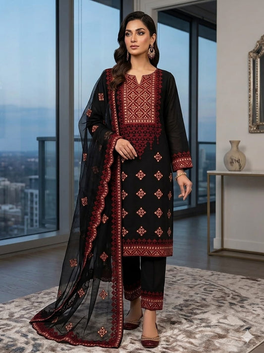 High-quality black Multani lawn cotton unstitched 3-piece suit featuring maroon and gold embroidery with a matching embroidered chiffon dupatta