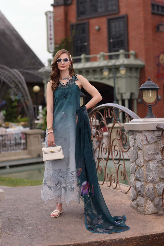 Premium Teal & Grey Ombre Embroidered Chiffon 3-Piece Unstitched Suit
