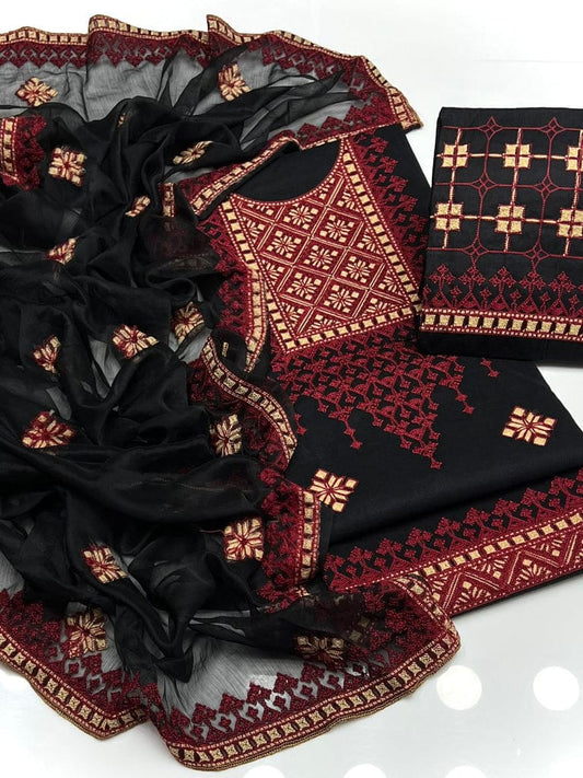 Multani Lawn, Embroidered 3pc, Unstitched Suit, Black Cotton Suit, Chiffon Dupatta, Pakistani Fashion, Ethnic Wear, Party Wear, 1linkcart