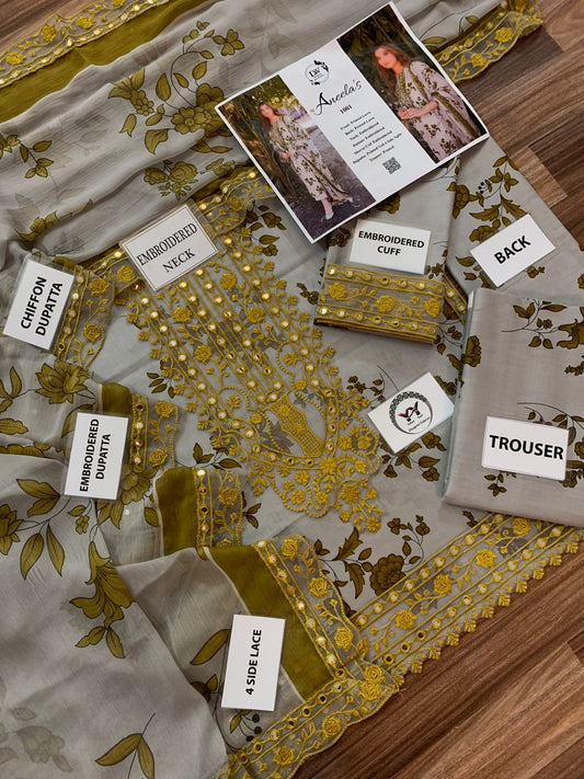 Printed chiffon dupatta with 4-side embroidered lace and mirror work detail.