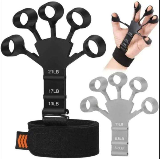 Black and grey silicone finger grippers with adjustable resistance levels for hand exercise.