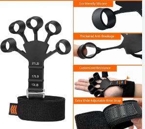 Person wearing a black finger extensor trainer on their hand showing grip workout.