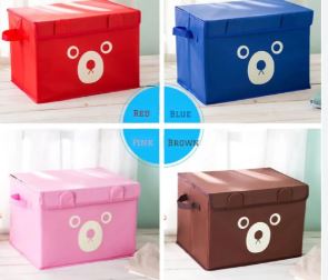 Bear Print Foldable Storage Box with Lid - Large Non-Woven Fabric Organizer for Toys, Clothes & Wardrobe