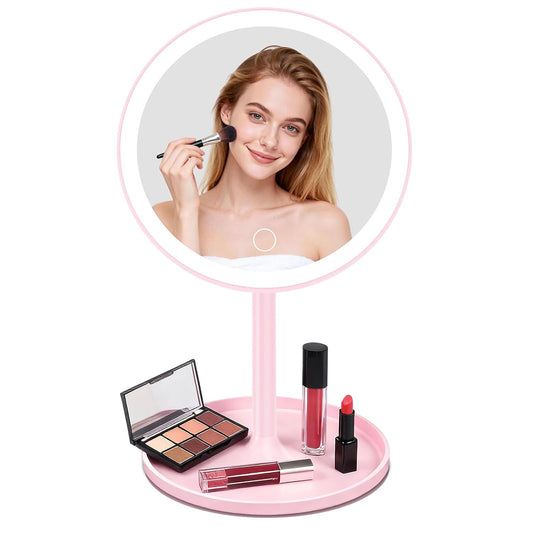 White round LED makeup mirror with touch sensor and storage base