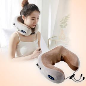 U-shaped electric neck massage pillow in beige color with control buttons.