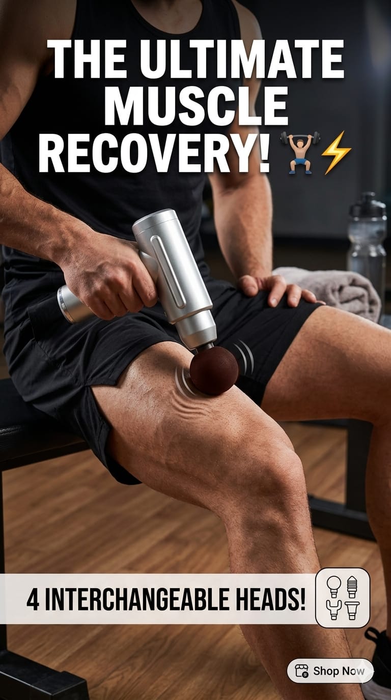 Man using a silver handheld massage gun on thigh muscles for deep tissue recovery