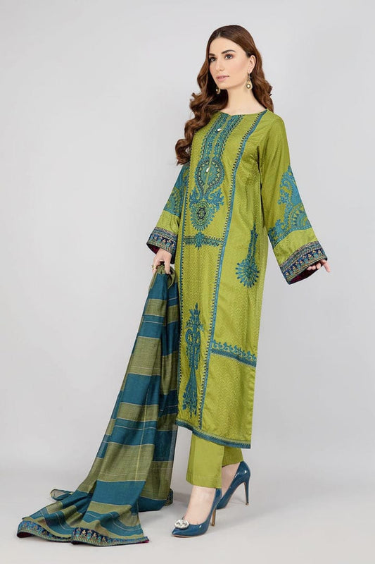 Embroidered lime green kameez front view.