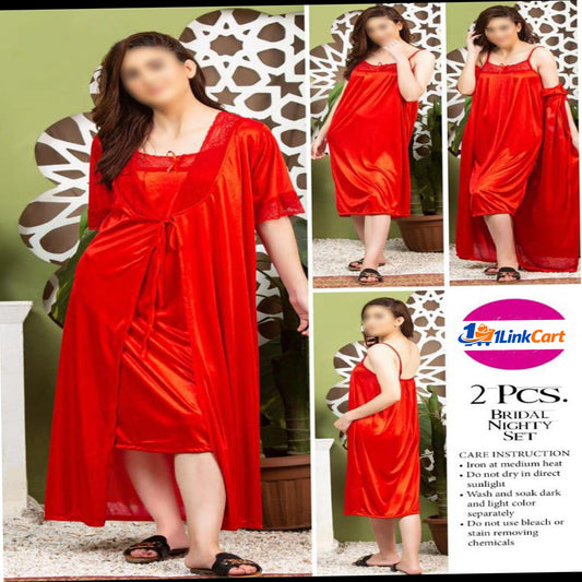 Women's 2 Piece Silk Jersey Nightwear Set Red Color Made in Pakistan