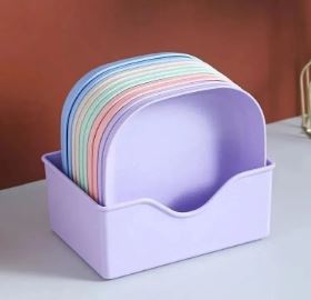 Modern square plastic serving plates for fruits and snacks.