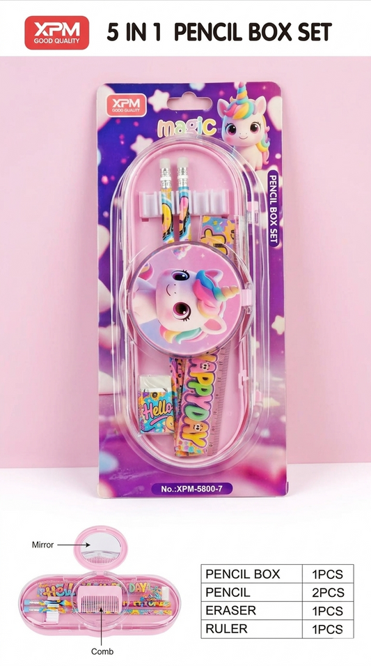 Open view of blue unicorn pencil box showing the built-in mirror and mini comb features.