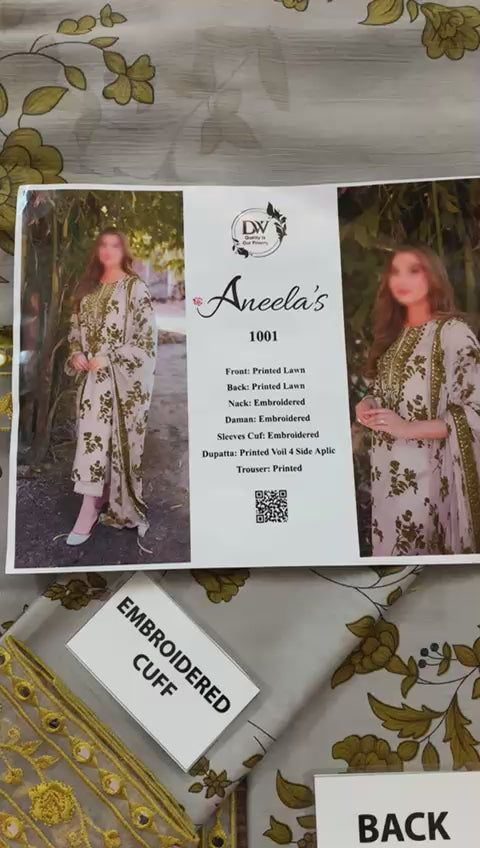 Premium Printed Lawn 3-Piece Unstitched Suit with Embroidered Neck & Chiffon Dupatta