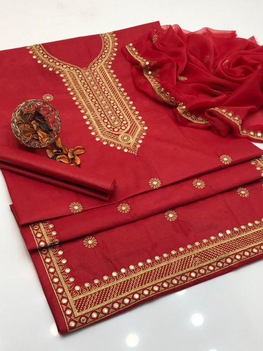 Red unstitched lawn cotton 3 piece suit with 9mm gold embroidery