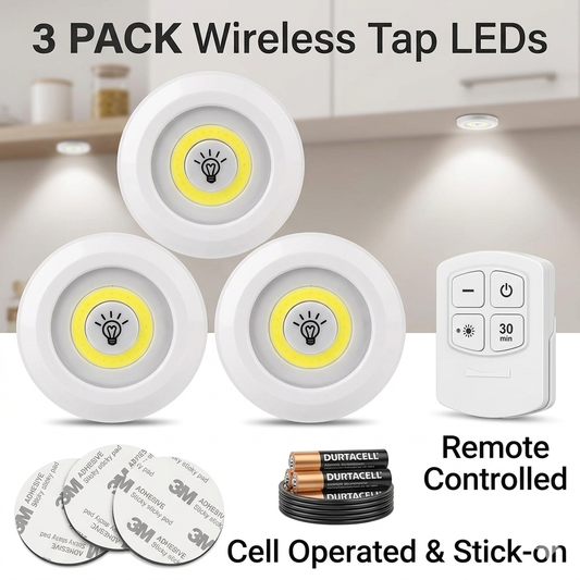 3-Piece Wireless Tap LED Puck Lights with Remote Control - Battery Operated Under Cabinet Lighting - Stick-on Night Lights for Home & Kitchen