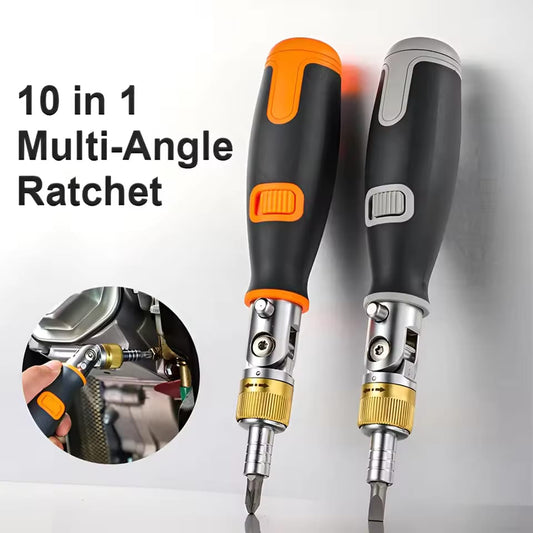 10-in-1 multi-angle ratchet screwdrivers in orange and grey with pivoting heads.