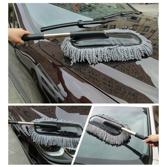 Telescopic microfiber car duster with grey extendable handle for roof cleaning.