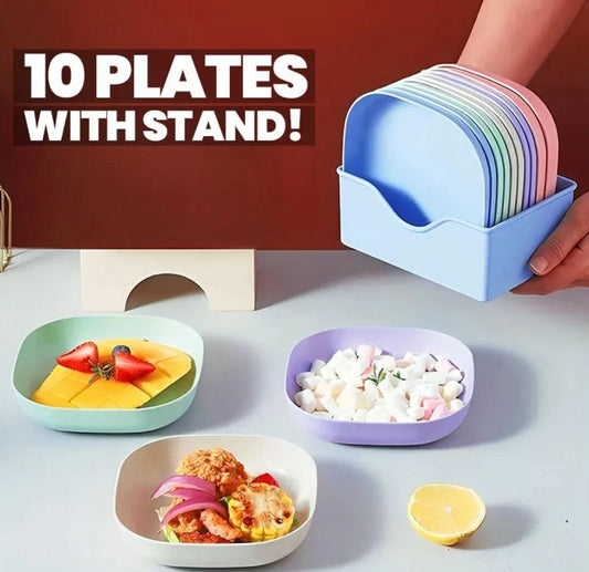 Set of 10 pastel-colored snack plates with blue storage holder.