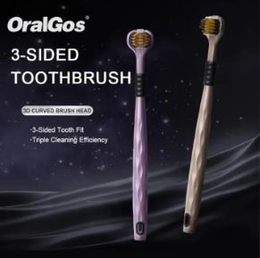 OralGos 3-sided toothbrush purple and gold colors front view