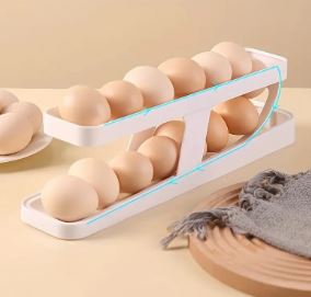 2-tier gravity-fed egg storage tray with eggs rolling down.