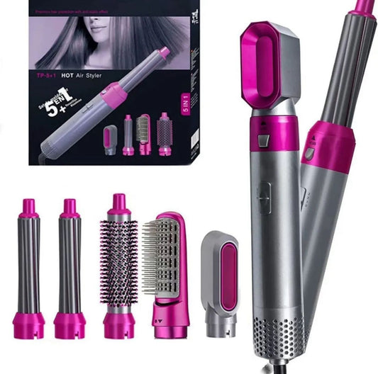 5-in-1 hot air styler with interchangeable brush and curler heads.