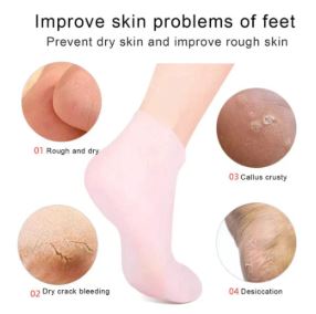 Close-up of pink silicone moisturizing socks showing 4 stages of foot skin improvement: Rough, Cracked, Callus, and Desiccation.