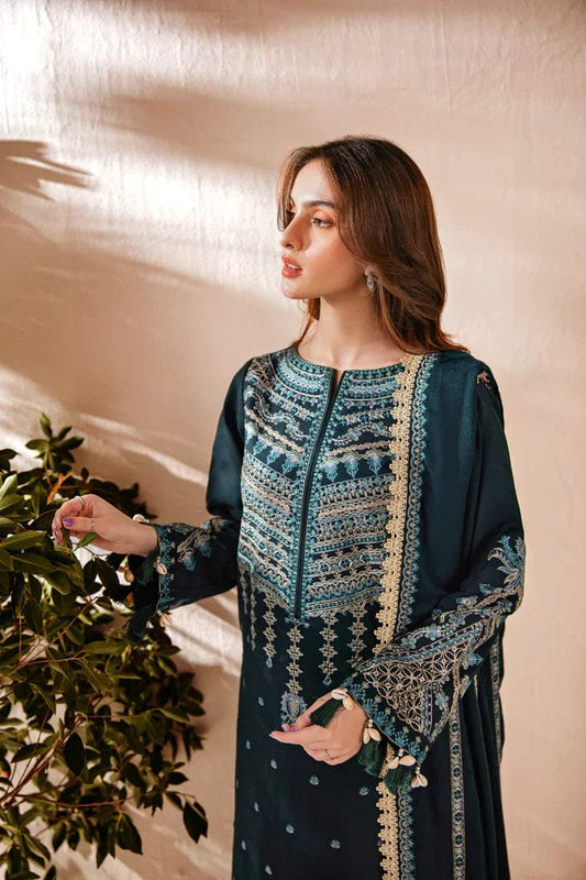 Luxury dark teal 3-piece unstitched suit with heavy silver and blue embroidery.